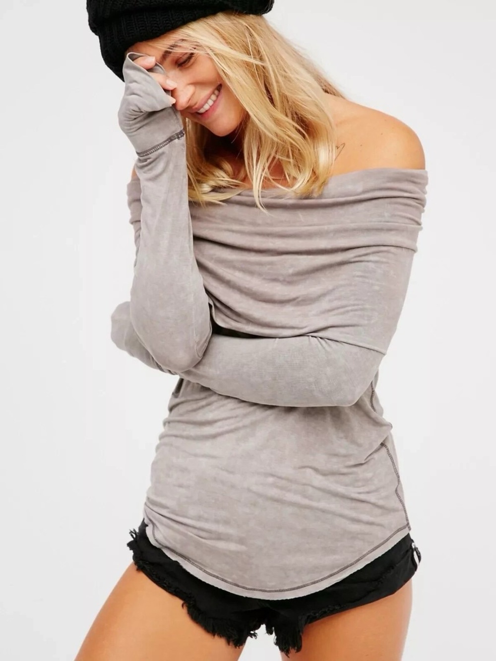 NWOT FREE PEOPLE We The Free Cosmo Cowl Long Sleeve Top M Taupe Grey